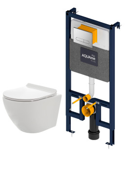 AQM42002CR Инсталляция с хром кнопкой + безободковый унитаз с сиденьем SoftClose (AQM4001CR+AQM2002)