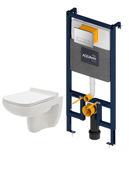 AQM42007CR Инсталляция с хром кнопкой + безободковый унитаз с сиденьем SoftClose (AQM4001CR+AQM2007)