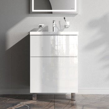 База под раковину напольная 60 см, 2 ящика, белый глянец