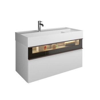 База с умыв с 1 отв. 1015х470х480 мм. 2 выдв ящика, аллюм рамка,вставка из дымч стекла, подсветка, цвет F3193 белый глянц