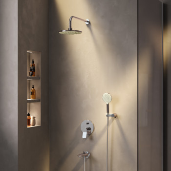 Набор: смеситель для ванны и душа, верхний душ с держателем, душевой набор и излив на ванну