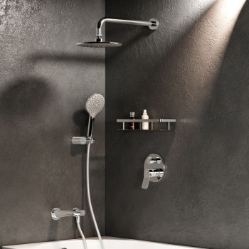Набор: смеситель для ванны и душа, верхний душ с держателем, излив, душевой набор и шланговое присоединение