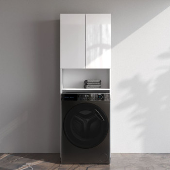 Шкаф над стиральной машиной с дверями и открытой полкой, узкий, 65 см, белый