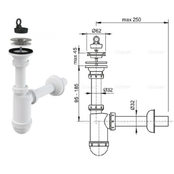 СИФОН ДЛЯ УМЫВАЛЬНИКА DN32 С НЕРЖАВЕЮЩЕЙ PEШEТКОЙ DN63, A411