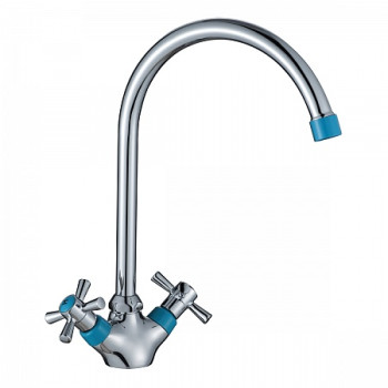 Смеситель Decoroom DR46028-Blue двуручный для кухни с повортным изливом, синий/хром