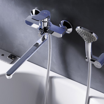 Смеситель для ванны и душа излив 300 мм, душевой набор, хром,