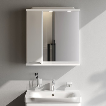 Зеркальный шкаф с подсветкой 65 см, левый, белый глянец