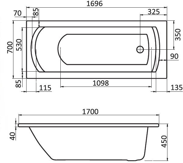 1.WH11.1.979 МОНАКО 170х70 ванна акриловая прямоугольная белая. Фото 2