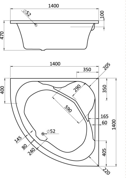 1.WH11.1.982 КАРИБЫ 140х140 ванна угловая симметричная акриловая белая. Фото 2