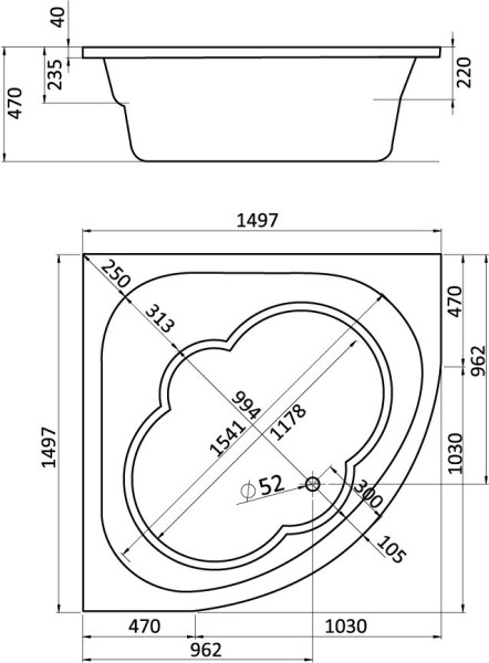 1.WH11.1.983 КАННЫ 150х150 ванна симметричная акриловая белая. Фото 2