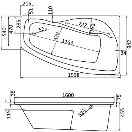 1.WH11.1.990 МАЙОРКА XL 160х95 ванна асимметричная акриловая правосторонняя белая. Фото 2