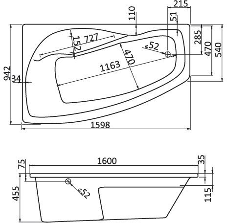 1.WH11.1.991 МАЙОРКА XL 160х95 ванна асимметричная акриловая левосторонняя белая. Фото 2