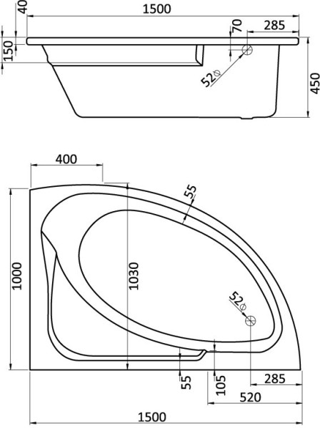 1.WH11.2.032 ГОА 150х100 ванна асимметричная акриловая правосторонняя белая. Фото 2