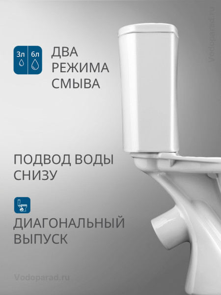 1.WH30.2.140 АЛЬКОР унитаз-компакт, диагон.выпуск, анвп (2 режима, дюро,метал.креп). Фото 3