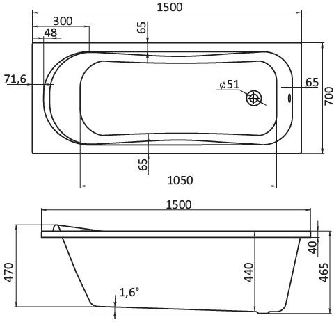 1.WH30.2.213 ТЕНЕРИФЕ 150х70 ванна прямоугольная акриловая белая. Фото 2