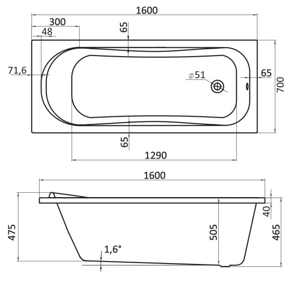 1.WH30.2.357 ТЕНЕРИФЕ 160х70 ванна акриловая прямоугольная белая. Фото 2