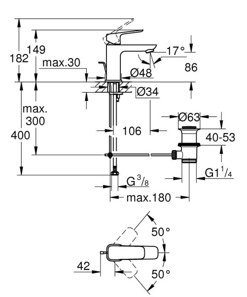 1016942430 CUBEO Смеситель однорычажный для раковины, DN 15 размер S, рычажный донный клапан 1 1/4“, мат черный. Фото 5