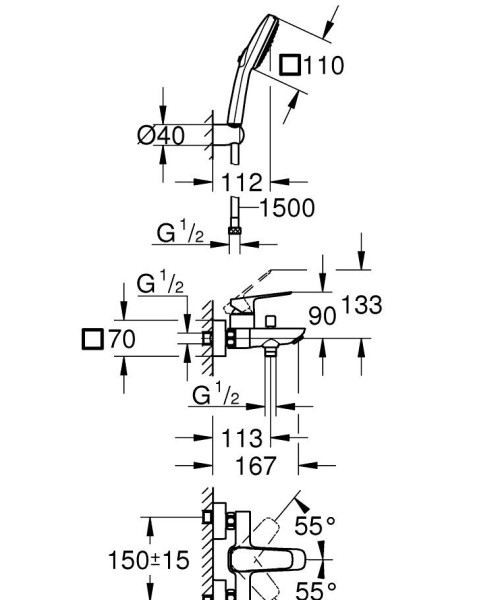 1018142430 CUBEO Смеситель однорыч для ванны с душ гарнитур (руч душ Tempesta Cube 110, 2 реж., держатель, шланг Relexaflex 1500 мм), мат черный. Фото 2