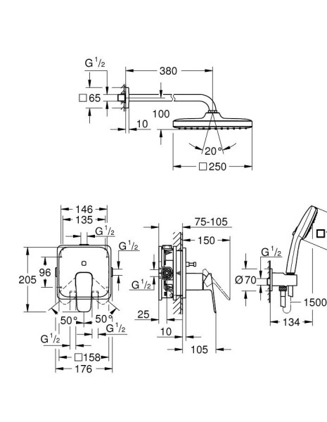 1053360000 CUBEO Душевой набор с верх душем с кроншт Tempesta 250, душ гарнитур Tempesta Cube 110, 3 реж, внутр часть не вх в компл, хром. Фото 2