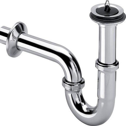 111298 Cифон трубный (металл) с розеткой из нерж, пробкой, патрубок 100 мм, отвод колено 170 мм, 1 1/4 x 32, хром. Фото 1