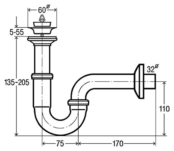 111298 Cифон трубный (металл) с розеткой из нерж, пробкой, патрубок 100 мм, отвод колено 170 мм, 1 1/4 x 32, хром. Фото 2