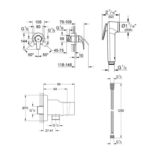 123072 BauCurve Готовый комплект для гигиенического душа: встраиваемый смеситель, гигиенический душ со шлангом и держателем, хром. Фото 2