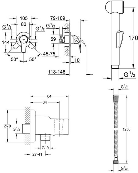 124434 BauClassic Готовый комплект для гигиенического душа, хром. Фото 2