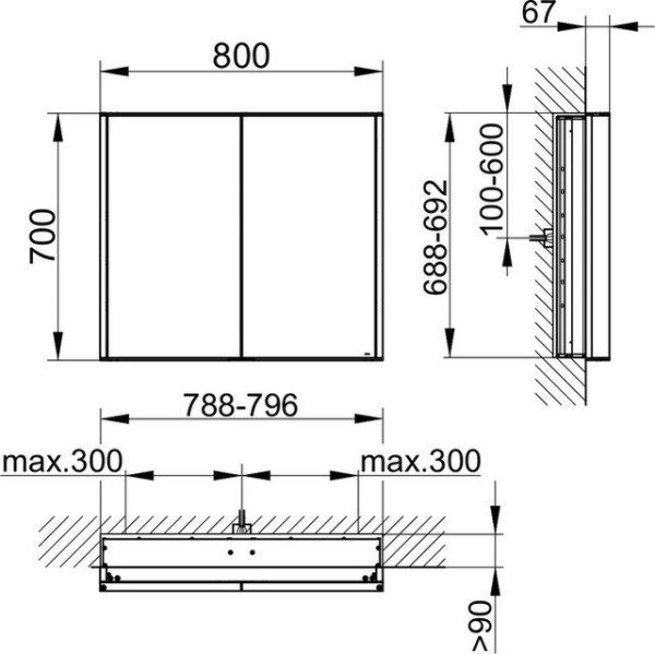 12812171301 ROYAL MATCH Зеркальный шкаф 800х700х150 для встраиваемого монтажа две поворотные зеркальные дверцы из двойного хрустального стекла. Фото 2