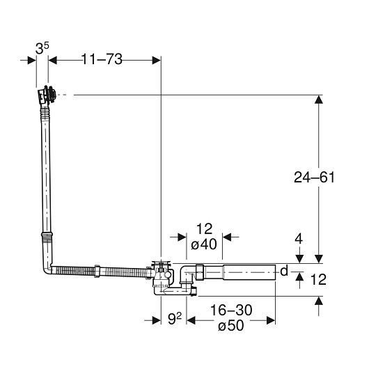 150.525.21.6 Слив-перелив Geberit, d52, длина 73 см, с декоративным комплектом: Глянцевый хром. Фото 3