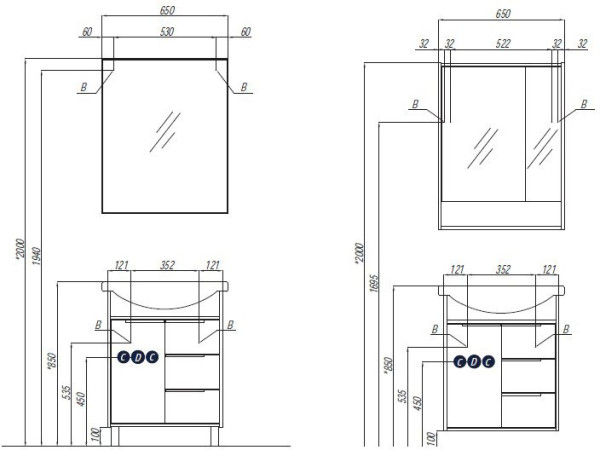 1A2133K1RIB90 Набор: 1A213301RIB90 Тумба-умывальник Рико 65/ 1WH207782 Раковина Смайл 65. Фото 2