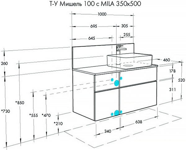 1A2441K1MIX40 Набор: 1A244101MIX40 Тумба-умывальник Мишель 100 Дуб Эндгрейн/ 732700B000 Раковина Мила/ 1A253103MIX40 ЛВДСП. Фото 2