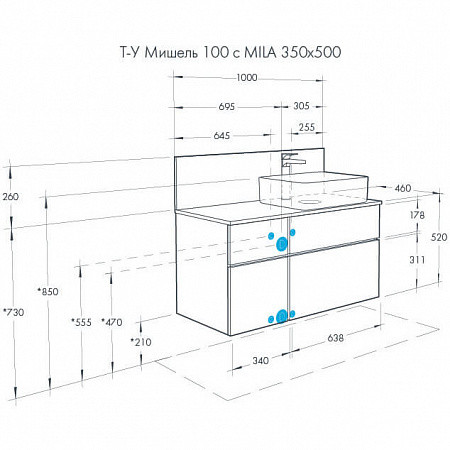 1A2441K3MIX40 Набор: 1A244101MIX40 Тумба-умывальник Мишель 100 Дуб Эндгрейн/ 732700B000 Раковина Мила/ 1A253303MIX40 керам. Фото 2
