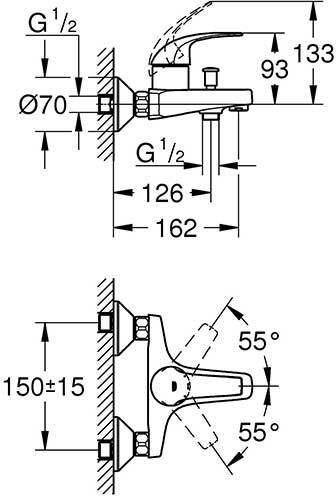 23599000 BauCurve Смеситель для ванны настенный монтаж (замена 32806000), хром. Фото 2