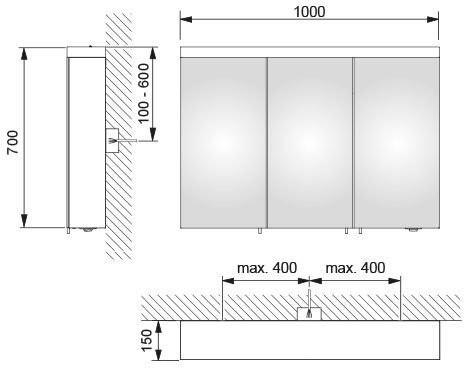24204171301 ROYAL REFLEX.2 Зеркальный шкаф 1000*700*150 мм, 3 поворотные дверцы с хрустальным двойным зеркалом, боковины корпуса зеркальные. Фото 2