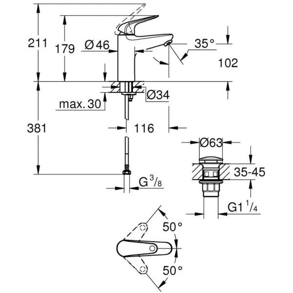 24267001 Euroeco Смеситель однорычажный для раковины, 1/2″ размер M, нажимной донный клапан 1 1/4", хром. Фото 4