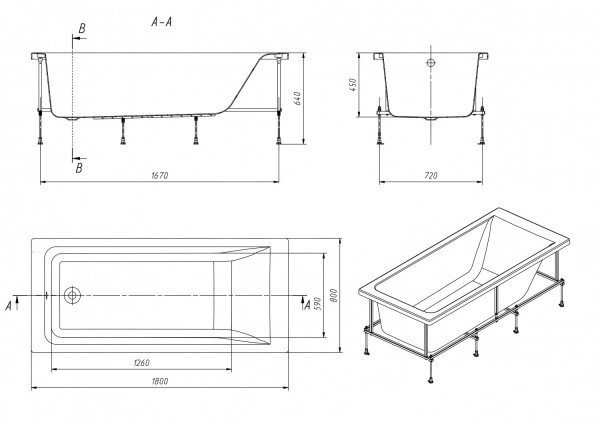 248618000 EASY акриловая ванна прямоугольная 180х80 (монтажный комплект заказывается отдельно). Фото 2