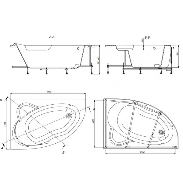 248640000 LUNA акриловая ванна ассиметричная 170x115 левая (монтажный комплект заказывается отдельно). Фото 2