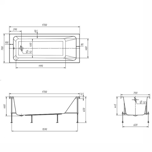 248658000 LEON акриловая ванна прямоугольная 1700x700 мм, белый. Фото 2