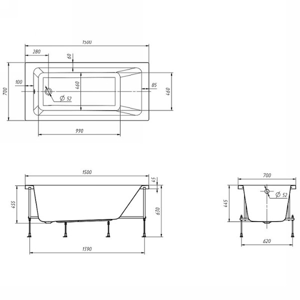 248659000 LEON акриловая ванна прямоугольная 1500x700 мм, белый. Фото 2