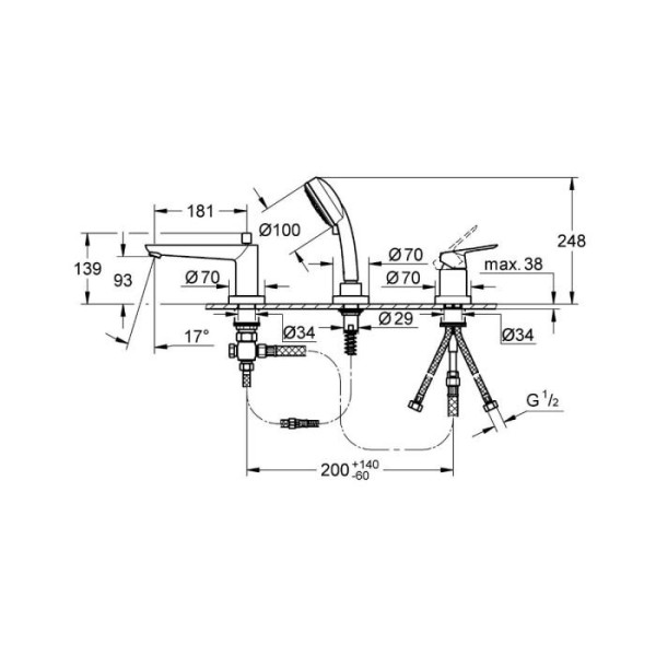 2511700A BauEdge Смеситель для ванны на 3 отверстия, на край ванны, хром. Фото 3
