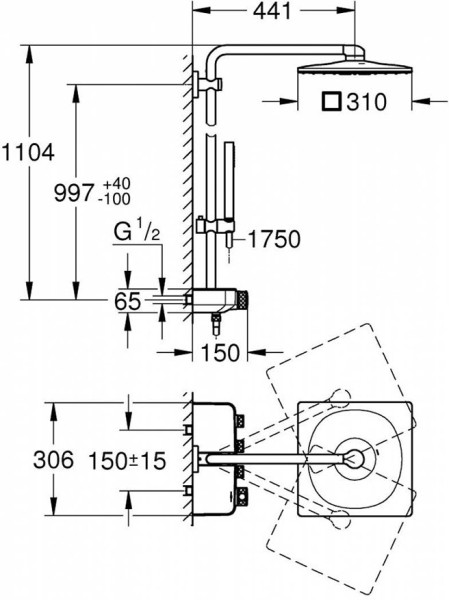 26508000 Euphoria SmartControl 310 DUO Cube Душевая система с термостатом, хром. Фото 2