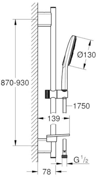 26578000 Rainshower SmartActive 130 Душевой гарнитур III, душевая штанга 900 мм, шланг 1750 мм, полочка, хром. Фото 2