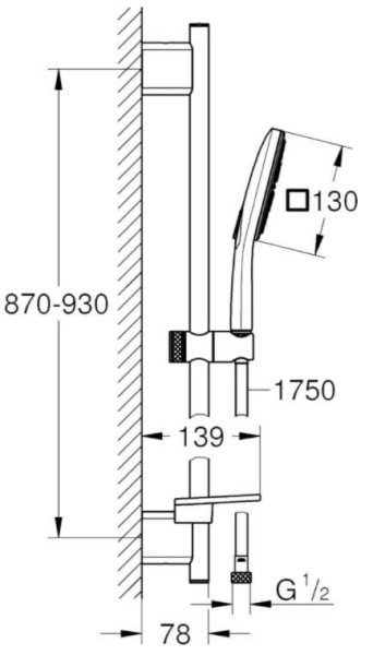 26587000 Rainshower SmartActive 130 Душевой гарнитур III, душевая штанга 900 мм, шланг 1750 мм, 9,5 л/мин, полочка, хром. Фото 2