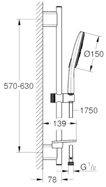 26592000 RainShower SmartActive 150 Душевой гарнитур III, душевая штанга 600 мм, шланг 1750 мм, 9,5 л/мин, полочка, хром. Фото 2