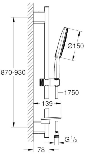 26594000 RainShower SmartActive 150 Душевой гарнитур III, душевая штанга 900 мм, шланг 1750 мм, 9,5 л/мин, полочка, хром. Фото 2
