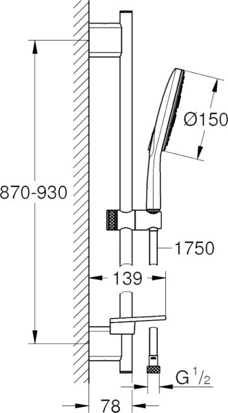26594LS0 RainShower SmartActive 150 Душевой гарнитур III, душевая штанга 900 мм, шланг 1750 мм, 9,5 л/мин, полочка, белая луна. Фото 2
