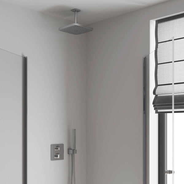 26688000 Tempesta CUBE 250 Верхний душ , квадратный (низ-хром, верх-белый) + Душевой кронштейн потолочный 142 мм, хром. Фото 7