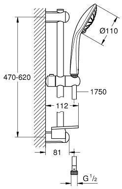 27231001 Euphoria 110 Душевой гарнитур III, душевая штанга 600 мм, шланг 1750 мм, полочка, хром. Фото 2
