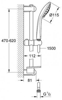 27243001 Euphoria 110 Душевой гарнитур III, душевая штанга 600 мм, шланг 1500 мм, 9,5 л/мин, полочка, хром. Фото 3