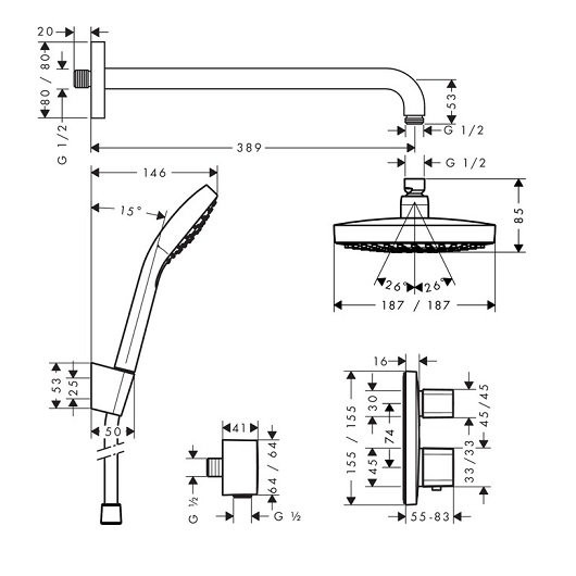 27294000 HG Set 8 в 1 (27446000 + 26524000 + 26814400 + 28272000 + 28331000 + 26457000 + 15708000 + 01800180) душевой комплект. Фото 6